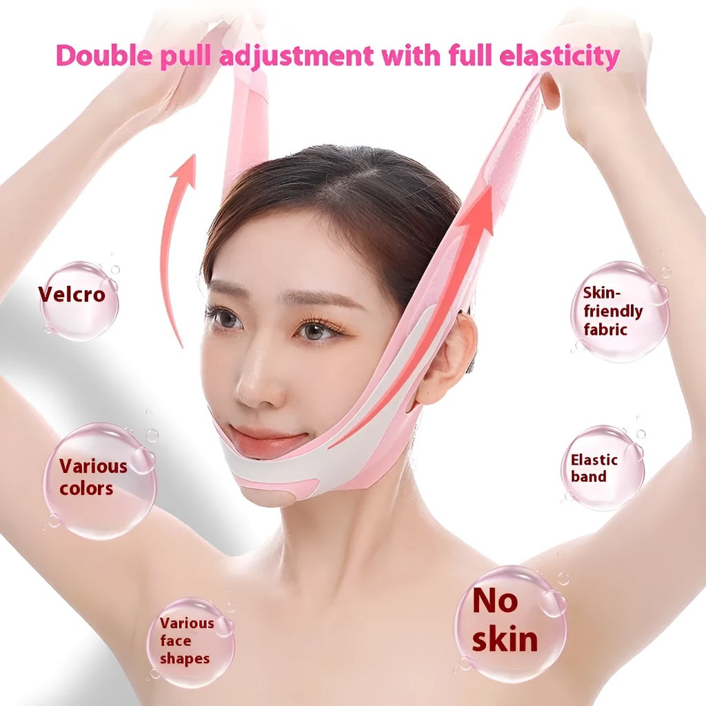 Pink and black V-shaped elastic face bandage for facial contour firming and lifting