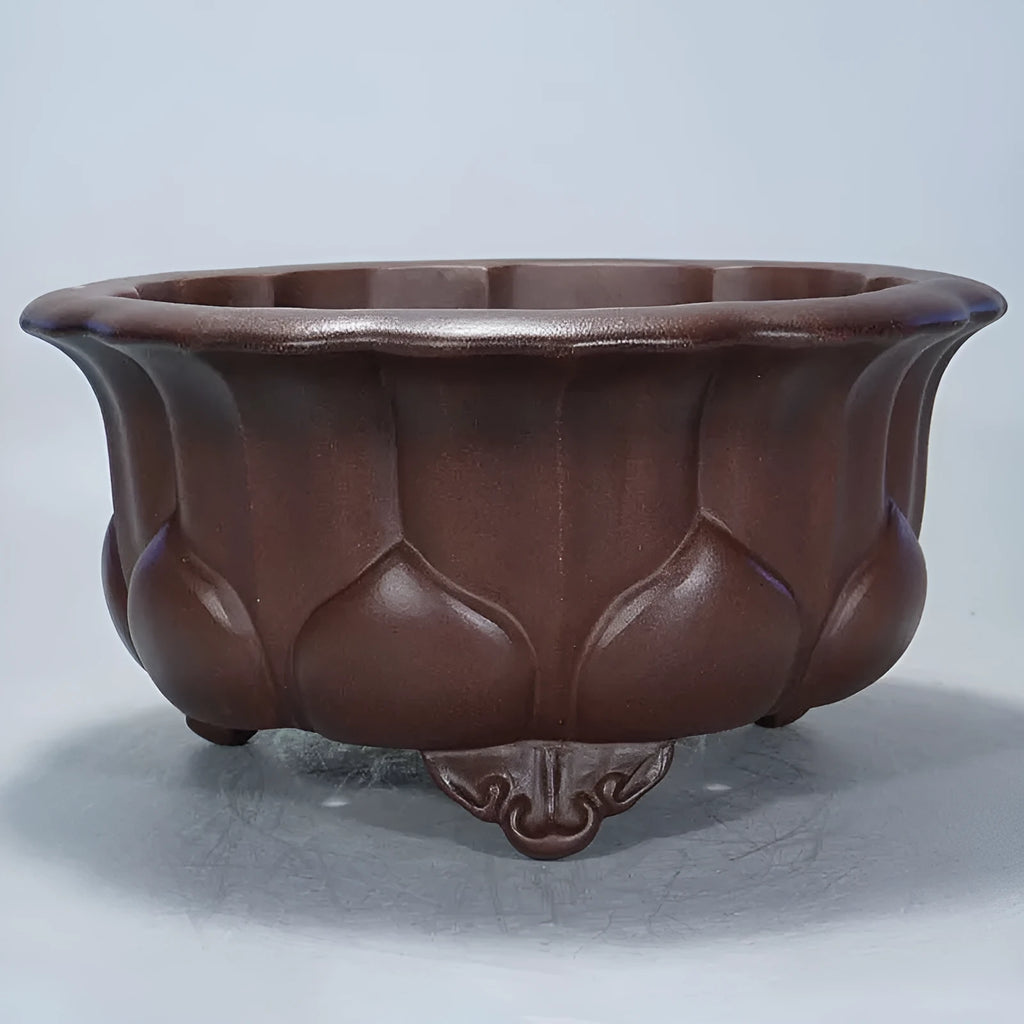 Purple red mud antique ceramic succulent pot with petal basin shape, 37 cm wide.