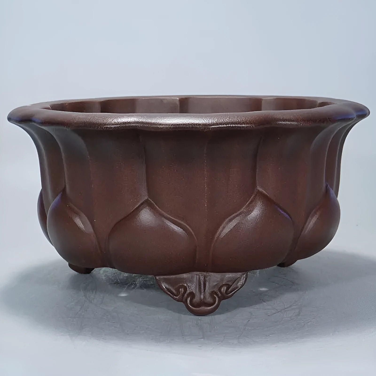 Purple red mud antique ceramic succulent pot with petal basin shape, 37 cm wide.