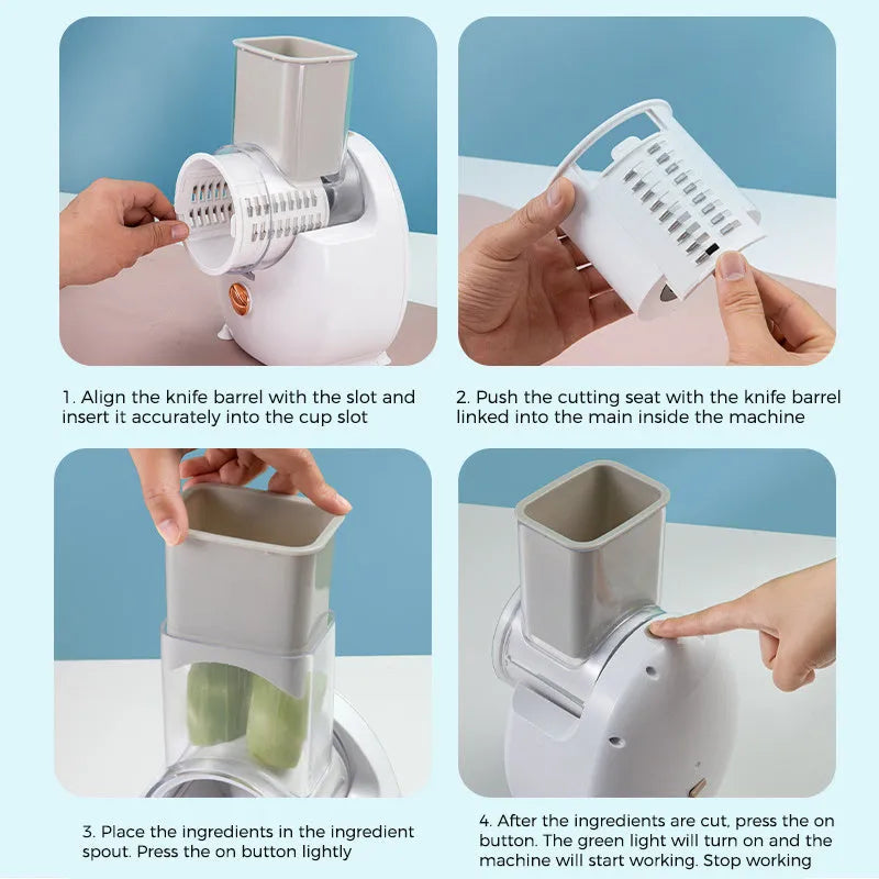 White electric kitchen vegetable slicer with multiple blades and a suction base on a countertop.