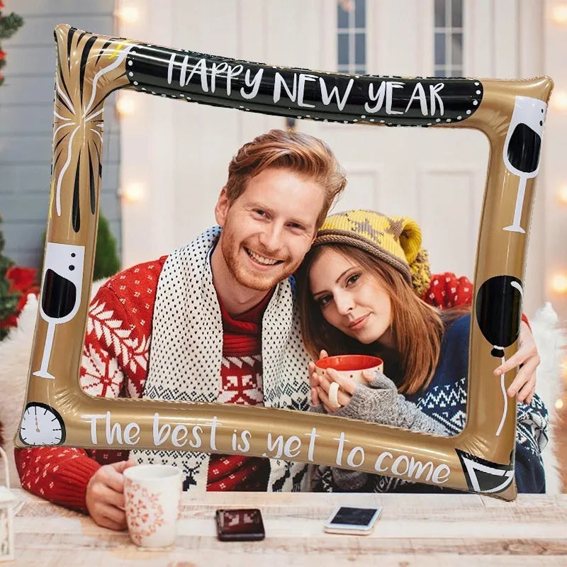 Large red, green, and white Christmas-themed inflatable photo frame made from PVC material.