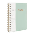 Blue and green 2022 student week planner notebook with PU leather cover showing 148 pages and storage pockets