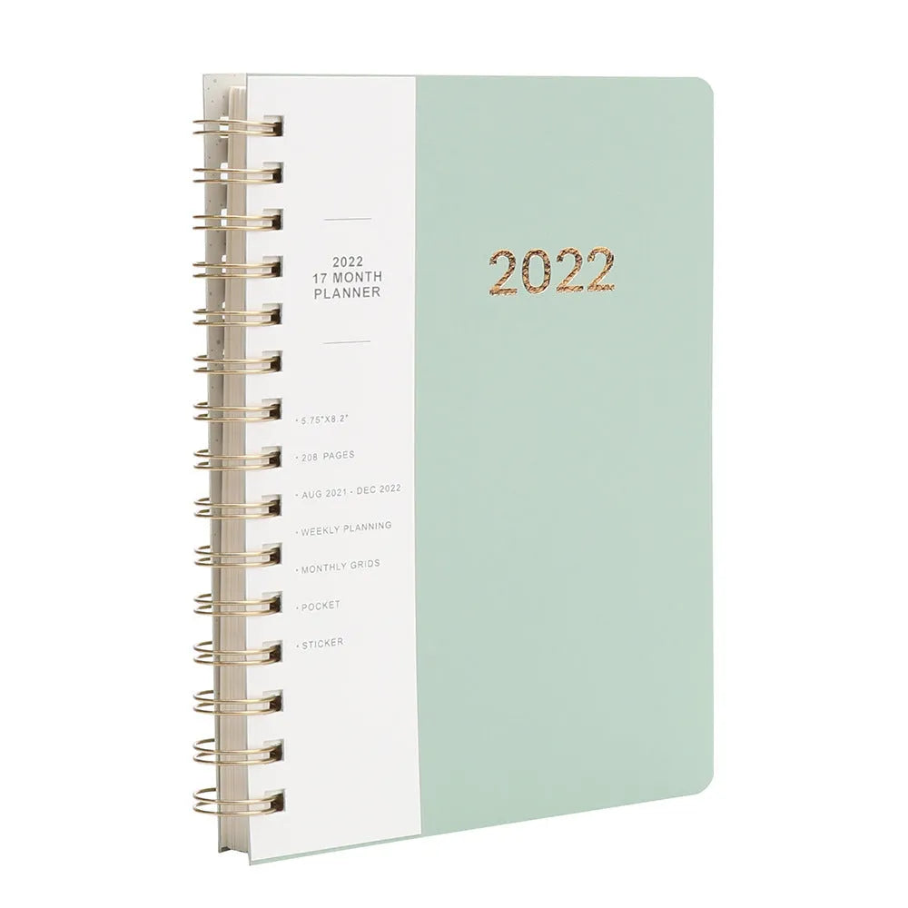 Blue and green 2022 student week planner notebook with PU leather cover showing 148 pages and storage pockets