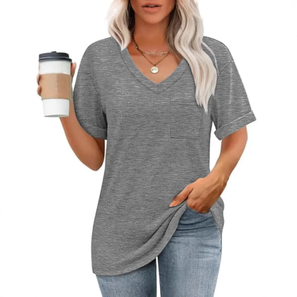 Grey loose fit V-neck short sleeve T-shirt with a front chest pocket.
