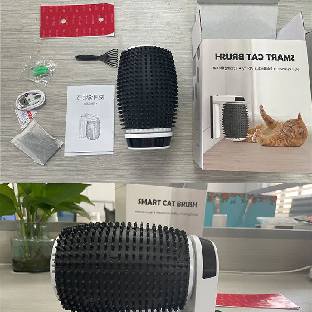 White automatic cat self groomer wall corner brush with silicone bristles for grooming and scratching