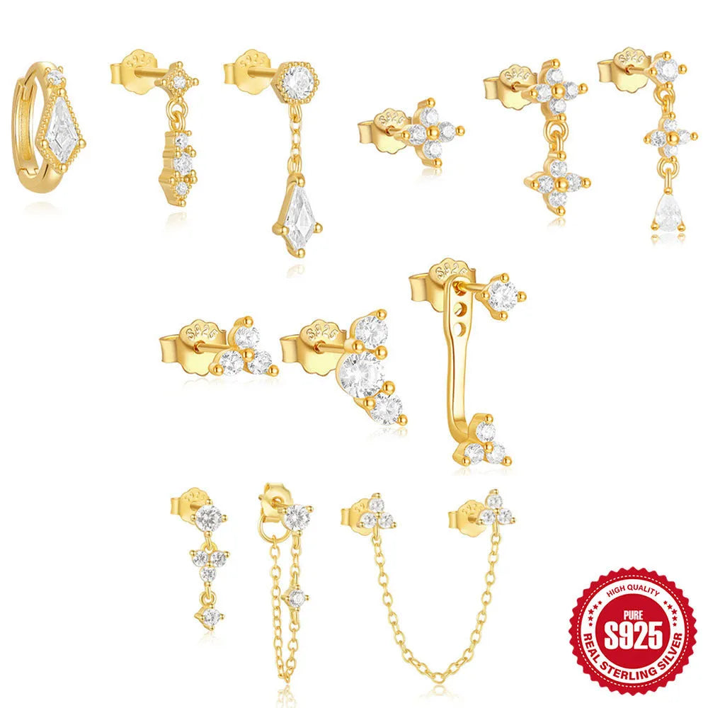 S925 sterling silver geometric zircon tassel earrings set in gold colours