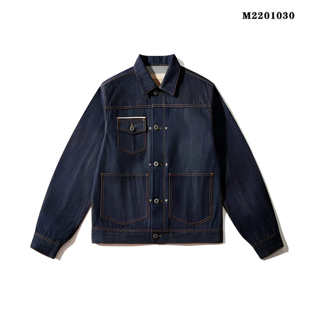 Men's raw pulp colour Japanese-style retro cotton jacket with patch pockets and straight hem