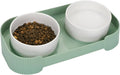 Green ceramic raised cat bowl set with two tilted bowls on non-slip base