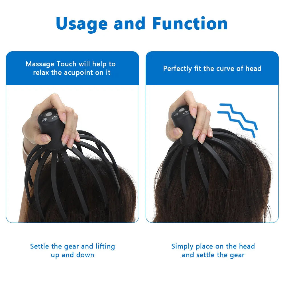 Octopus Electric Head Massage Tingler multi-claw scalp massager with TPE claws in black rechargeable variant