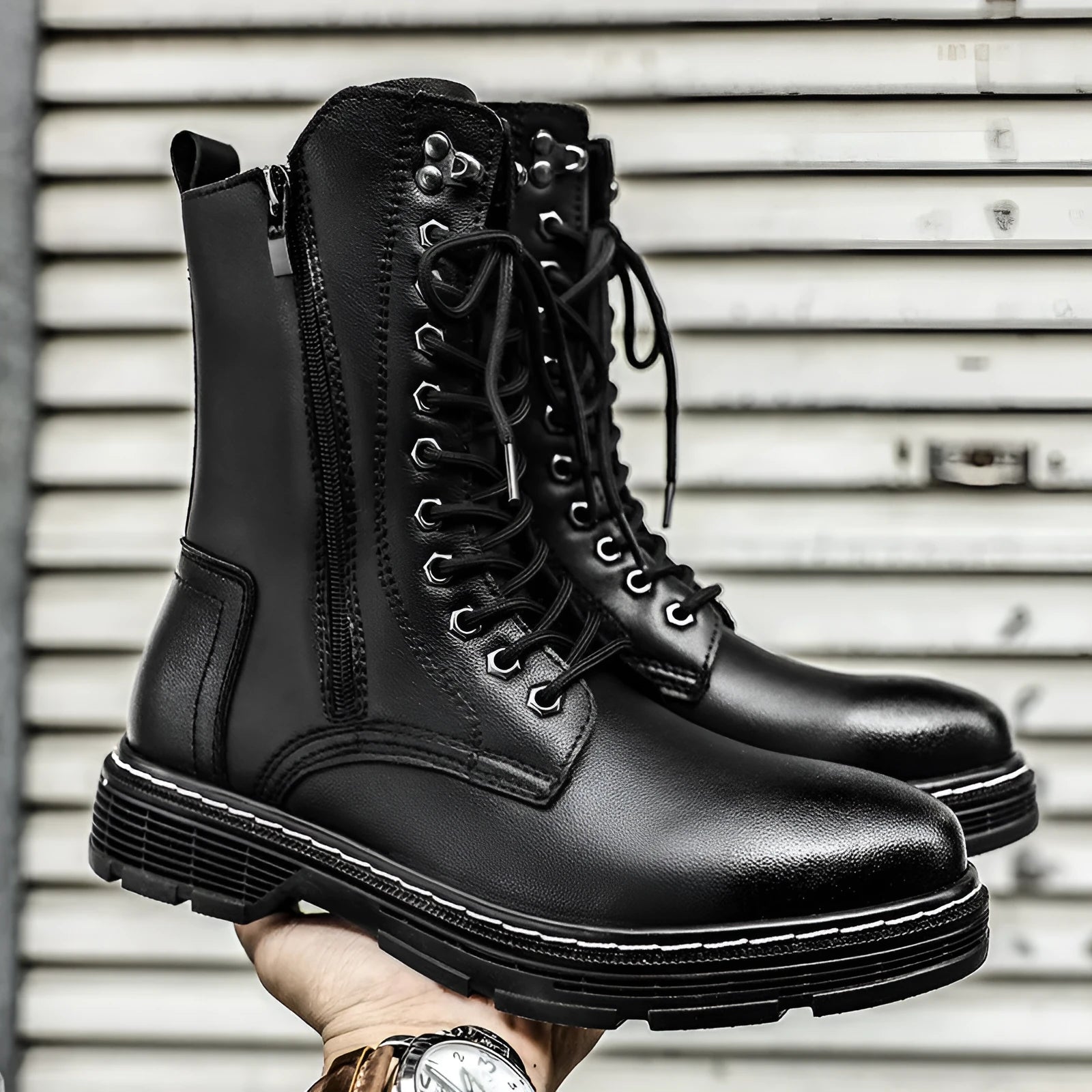 Men's black genuine leather high-top Martin boots with cotton lining and front lace-up, size 38-48
