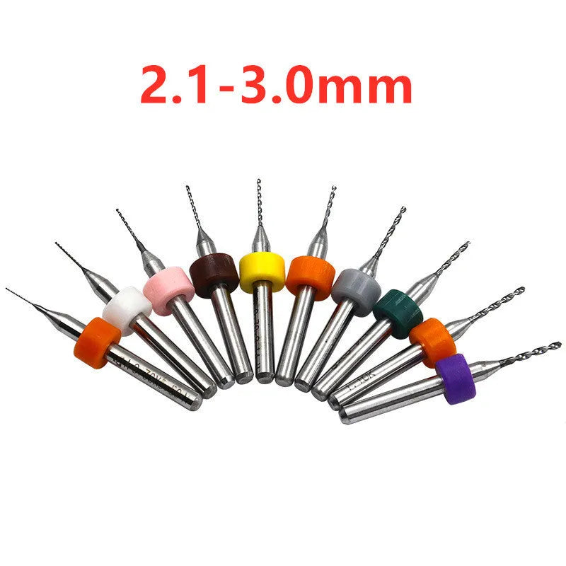 Tungsten carbide straight shank PCB drill bits in sizes from 0.1mm to 1.2mm with 3.2mm shank.