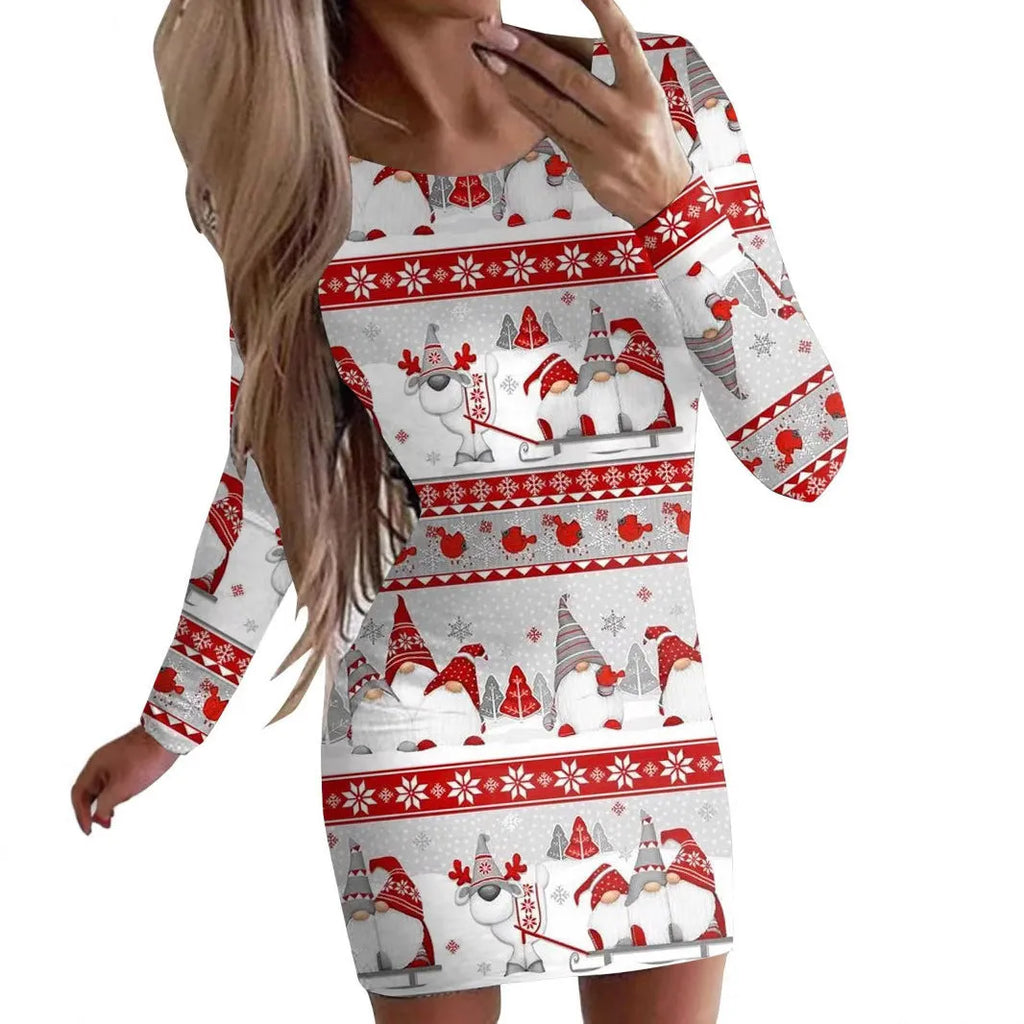 Red Christmas dress with animal print pattern, round neck and long sleeves, shown in a fitted hip skirt style.
