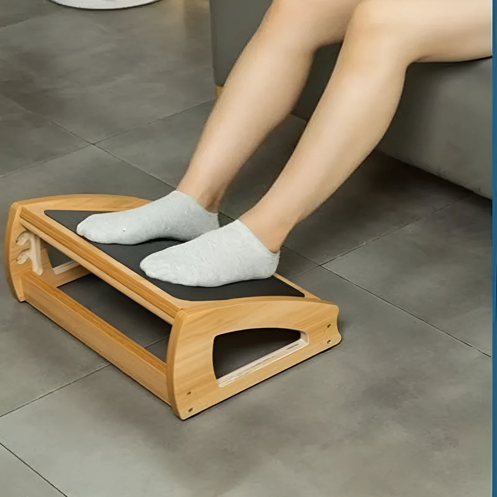 Wooden bamboo office desk footstool in natural wood colour for adult ergonomic seating support