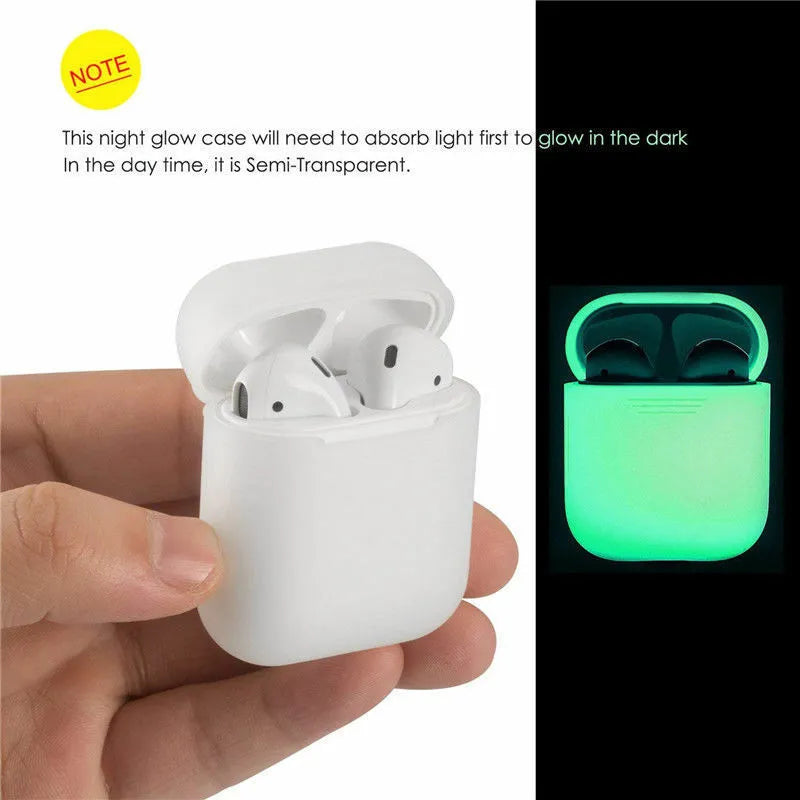 Luminous solid colour silicone flip-top protective case for AirPods on a white background.