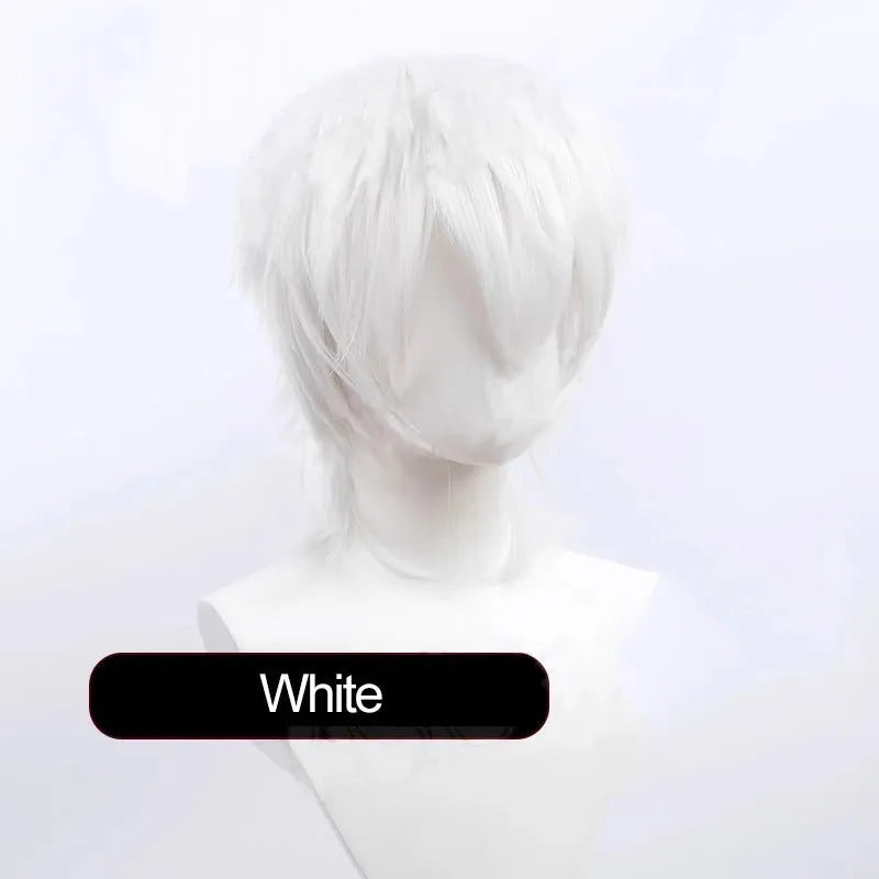 Men's short black anime cosplay wig made from high-temperature synthetic fibre on a stand.