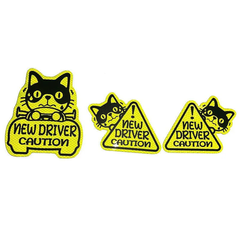 Set of three magnetic reflective car stickers showing cat, duck, and panda designs