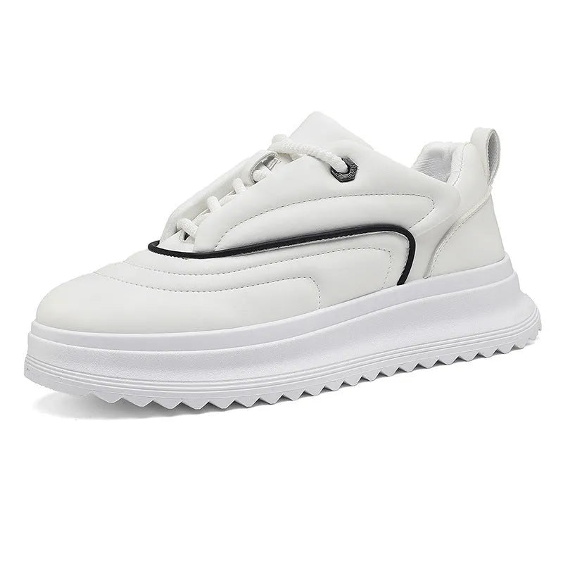PU leather casual platform shoes in black, white or khaki with a thick sole and cowhide upper.