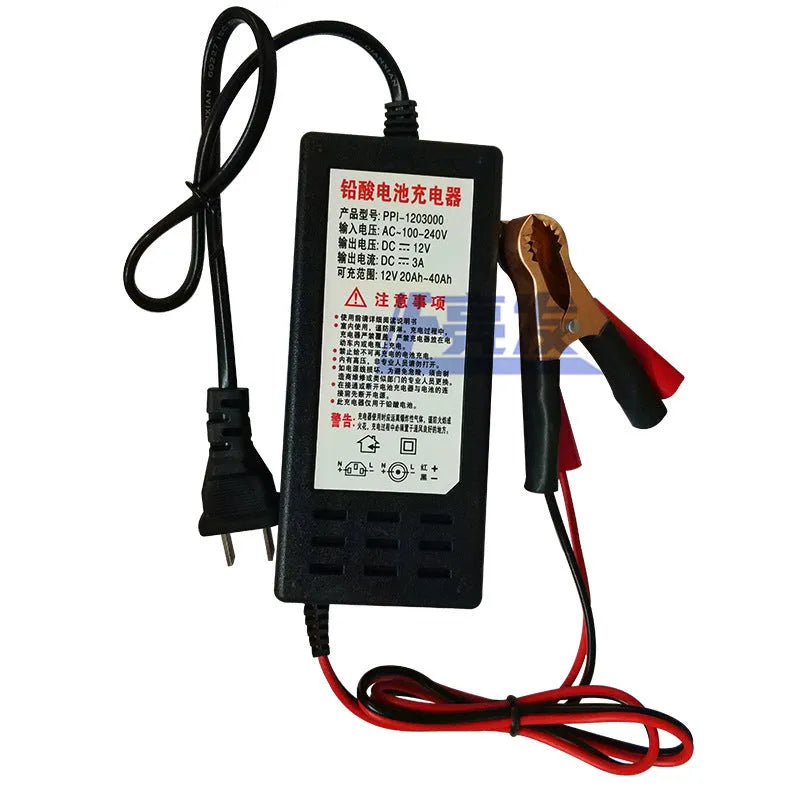 12V 3A lead acid battery charger for motorcycle and car, showing American and European plug options.