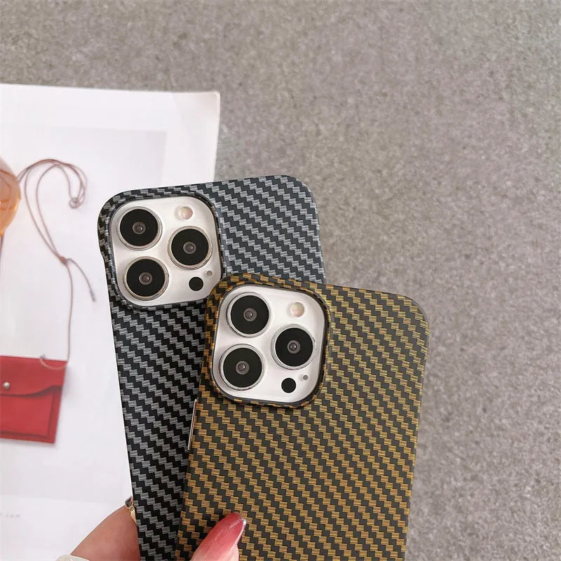 Frameless carbon fiber pattern hard shell phone case with kickstand for iPhone 16 Pro Max, silver colour, PC material, plaid design