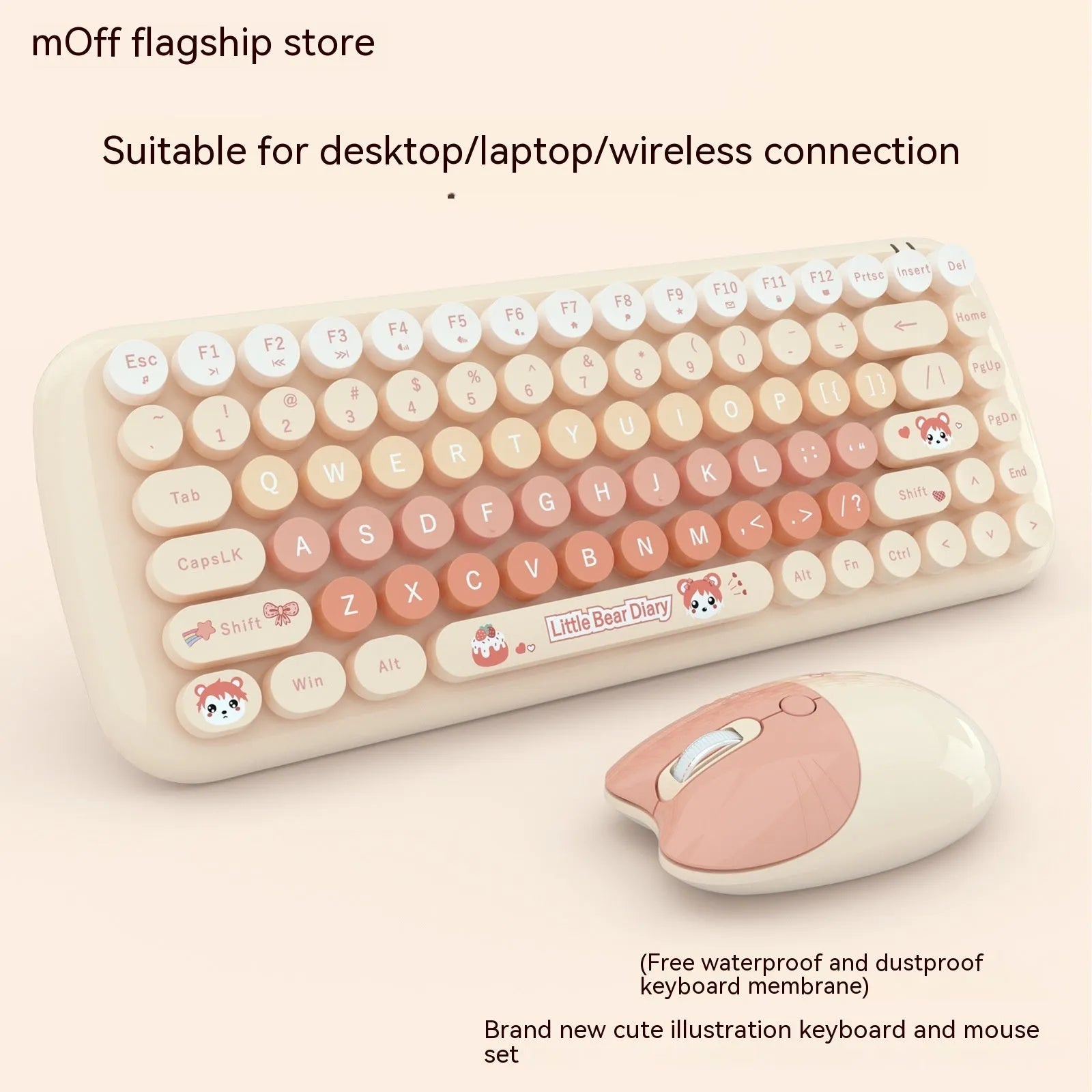 Candy Pink wireless keyboard and mouse set on a desk, showing compact size and USB receiver.