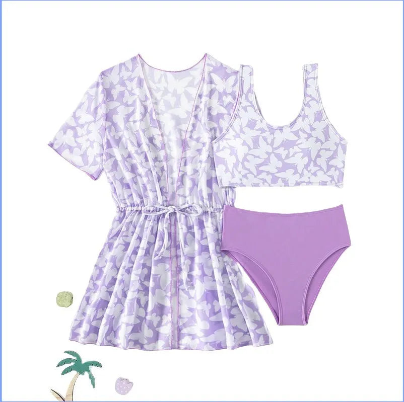 Girls' three-piece polyester swimsuit set in colour 3218, sizes 8Y-12Y.