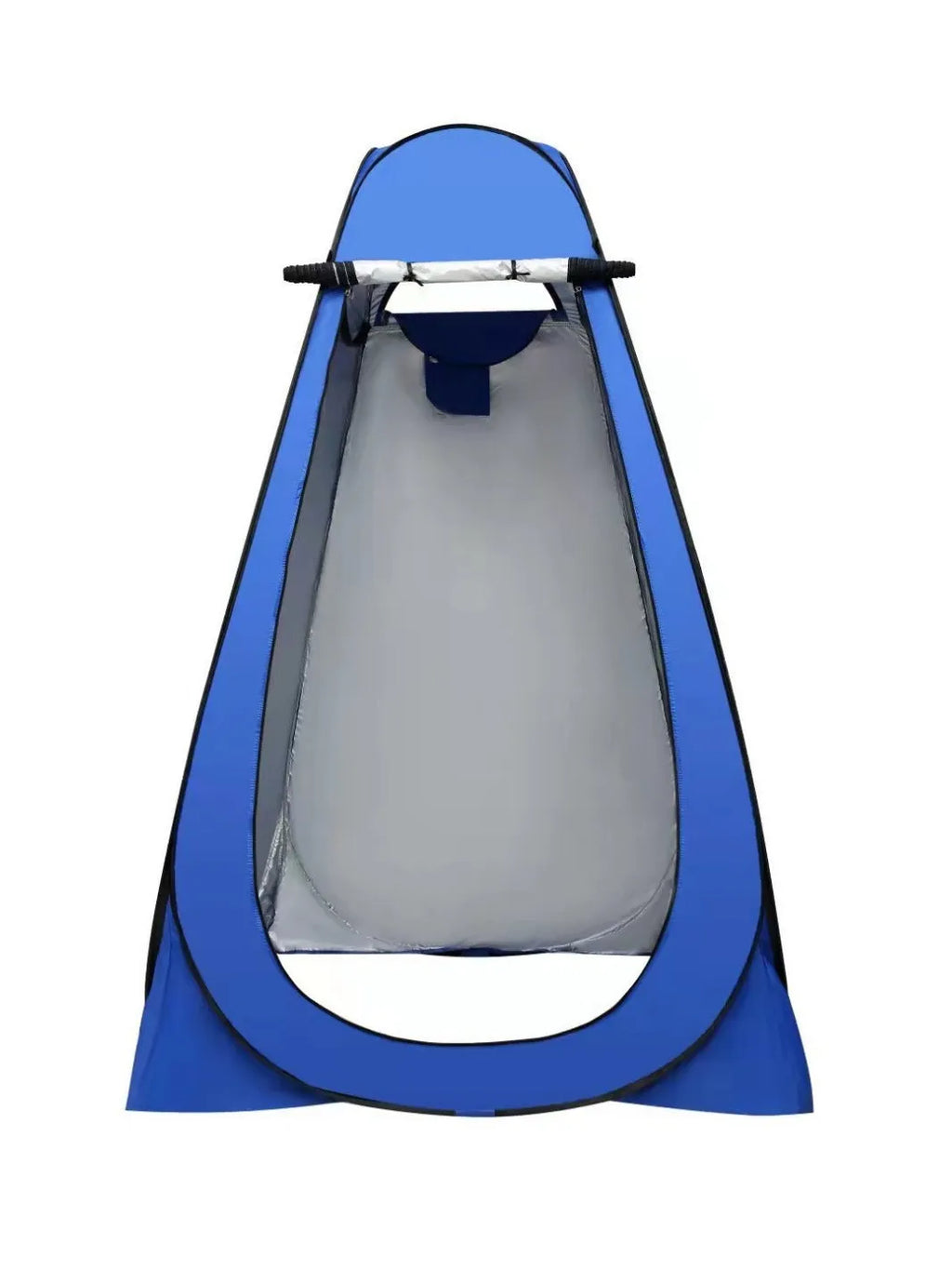 Blue and silver fast-opening camping changing tent set up outdoors with two windows.