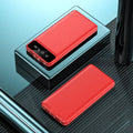 20000 mAh power bank with charging cable showing compact 140 x 71 x 17 mm dimensions and plastic shell construction