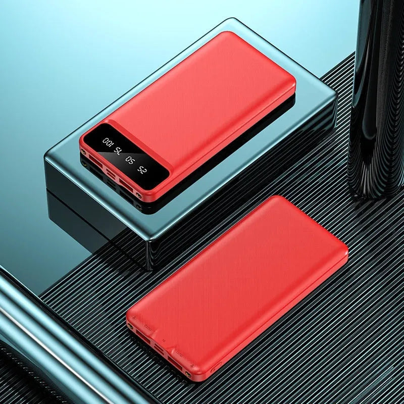 20000 mAh power bank with charging cable showing compact 140 x 71 x 17 mm dimensions and plastic shell construction