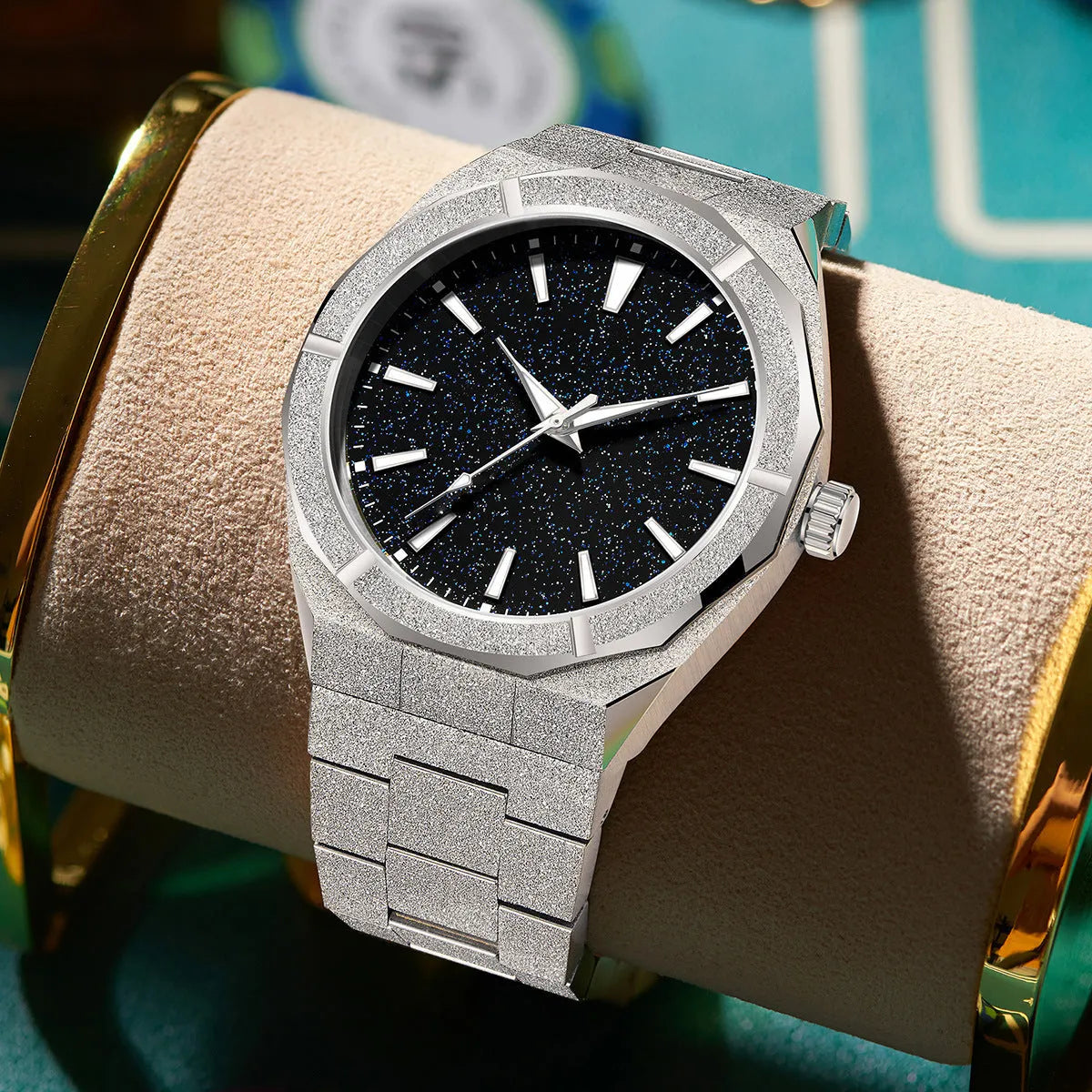 Men's business watch with frosted stainless steel case and luminous markers in silver colour