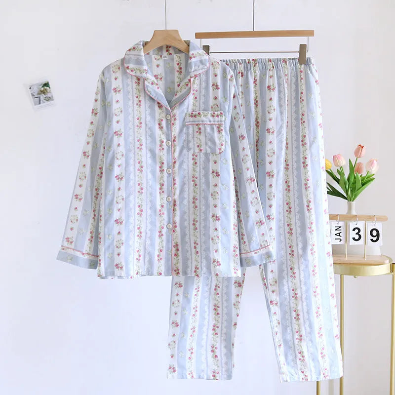 Japanese Sweet ladies red fruit print cotton gauze long sleeve top and trousers two-piece homewear set.