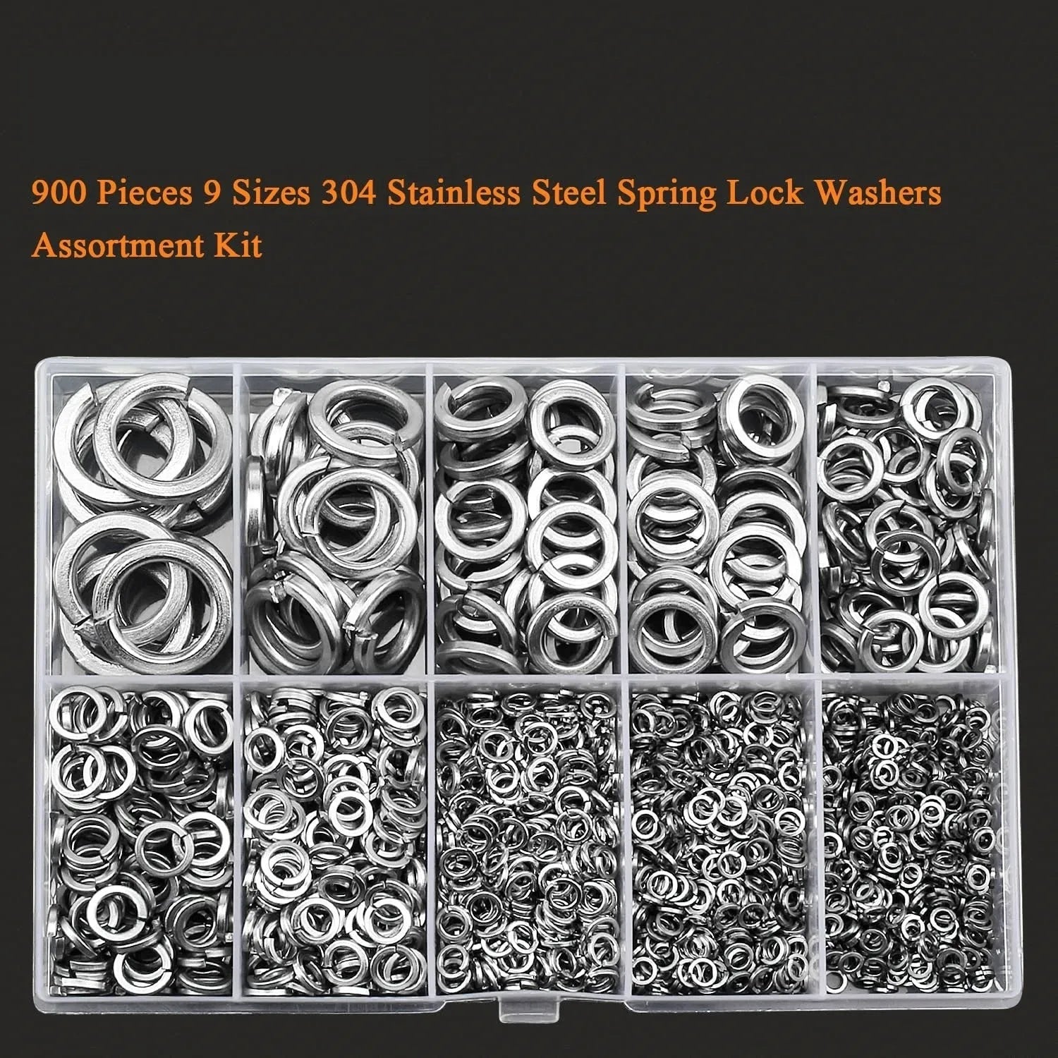 Open box showing assortment of small, silver 304 stainless steel spring and flat washers organised by size.