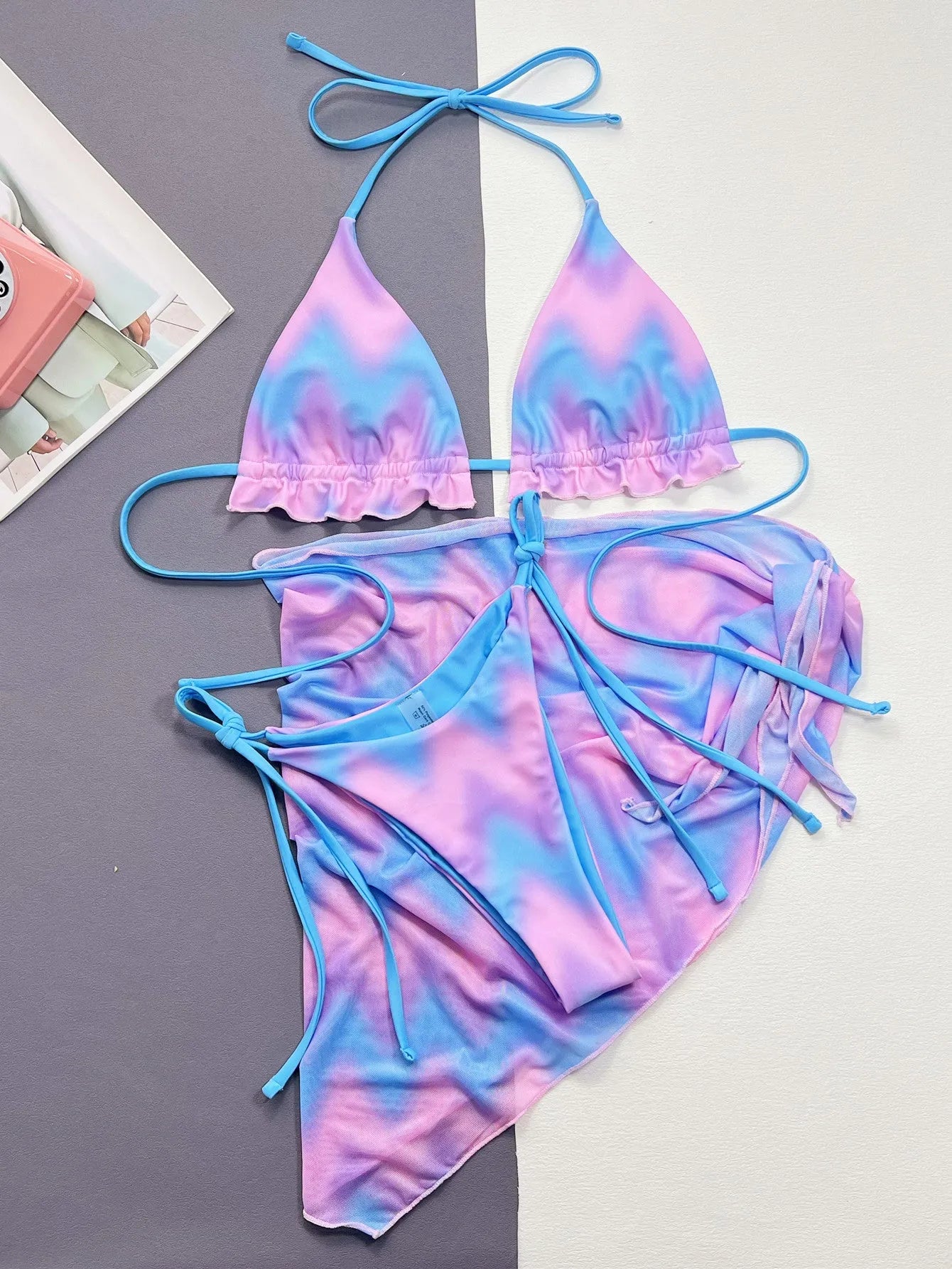 Women's split tie-dye swimsuit bikini set with skirt and bra components