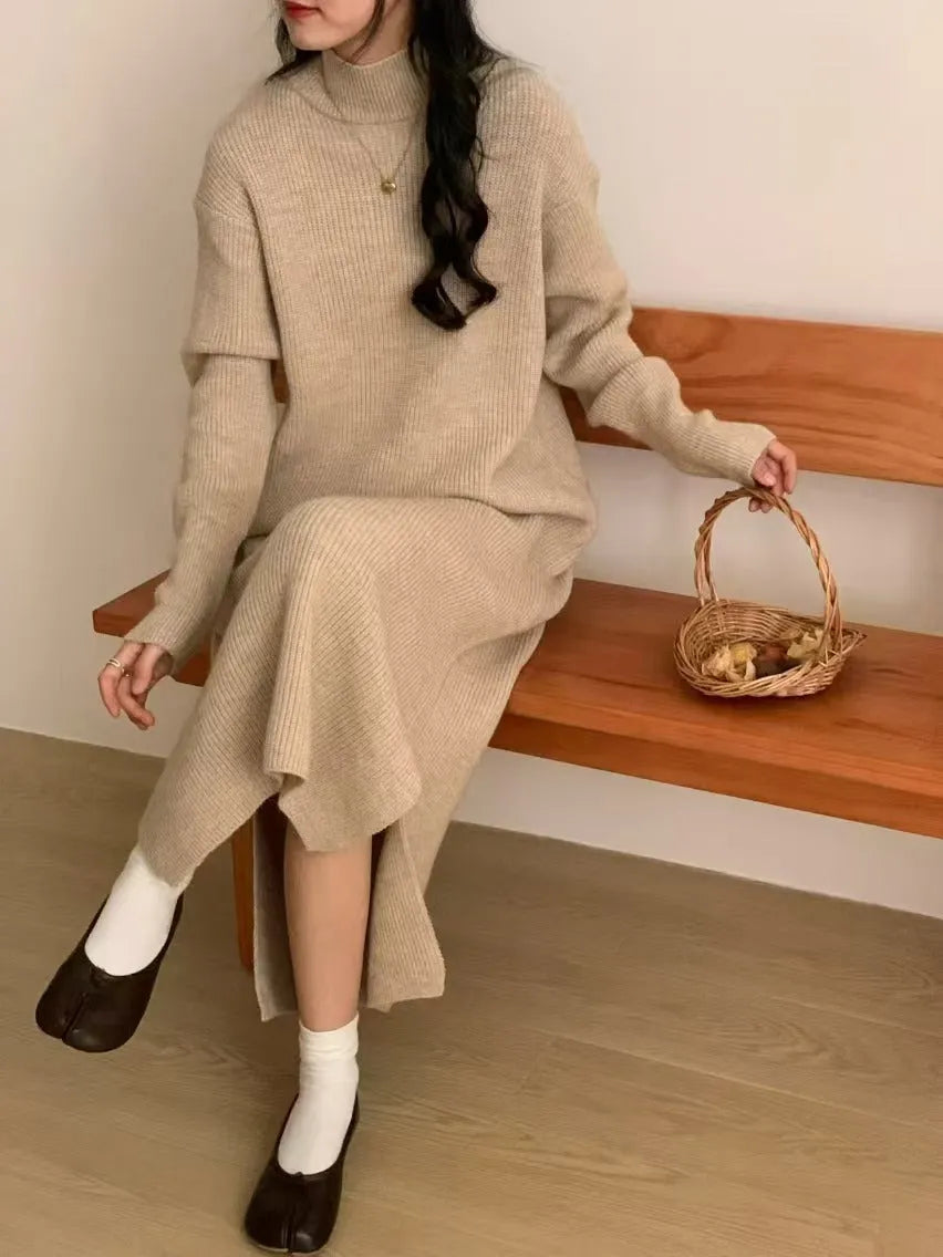 Acrylic half turtleneck knit dress in knee-length design with long sleeves