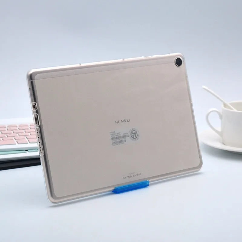 Clear silicone tablet case showing ultra-thin profile and transparent design