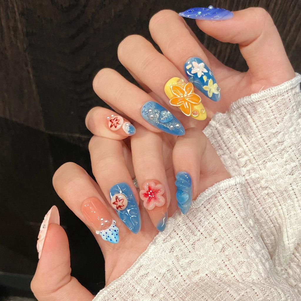 Plastic wearable armour with three-dimensional carved jellyfish design in almond nail colour