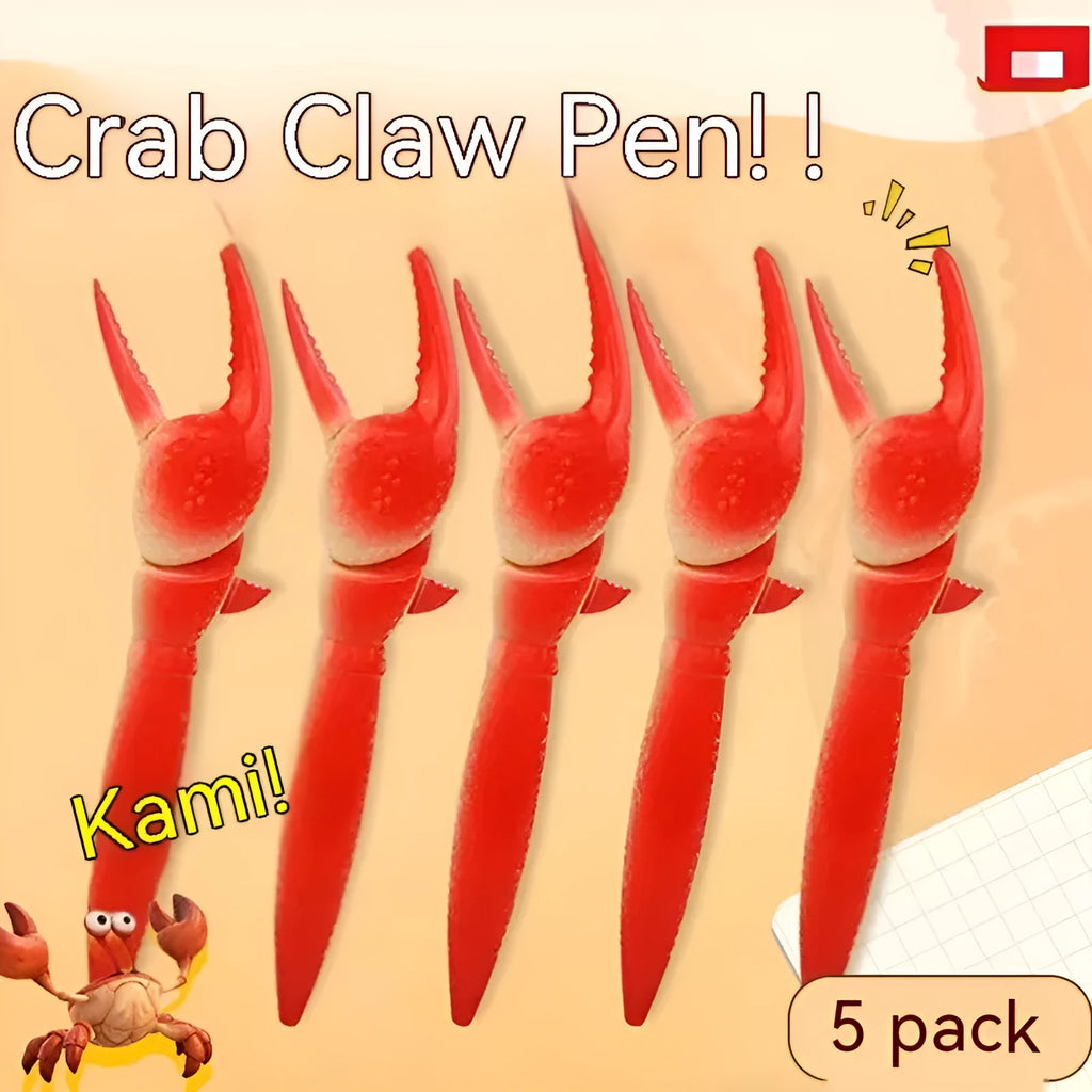 Pressing can clip novelty ballpoint pen with crab design, shown singly and in a five-pack.