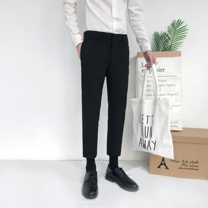 Men's Korean style straight-leg cotton trousers with drawstring waist in black grey khaki colours