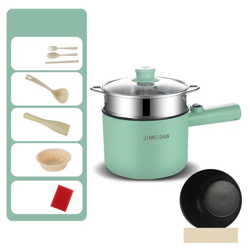 Mini electric hot pot appliance in stainless steel with non-stick coating and included cooking accessories
