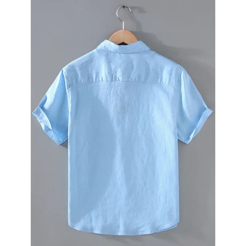 Men's linen short-sleeved cardigan shirt in regular fit showing colour options and thin fabric texture