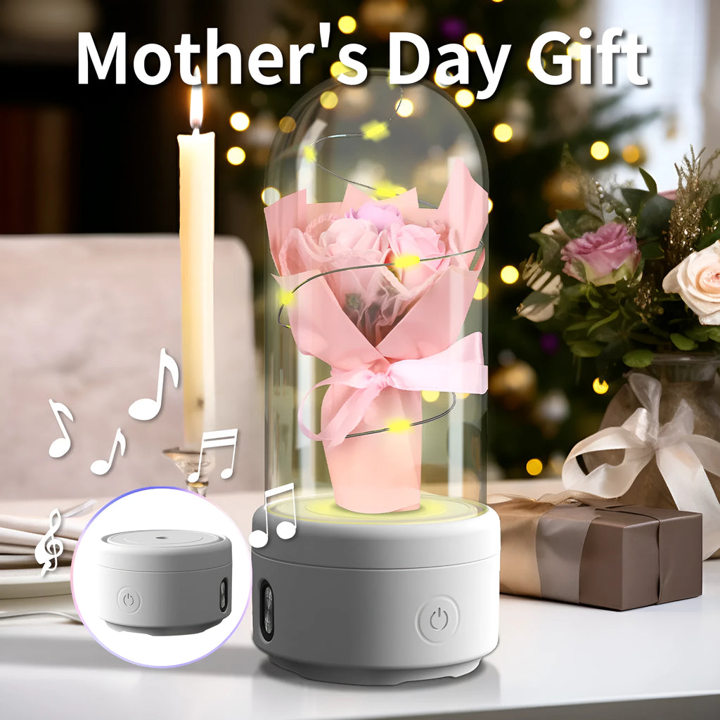 LED bouquet night light with Bluetooth speaker inside a glass cover on a black base.