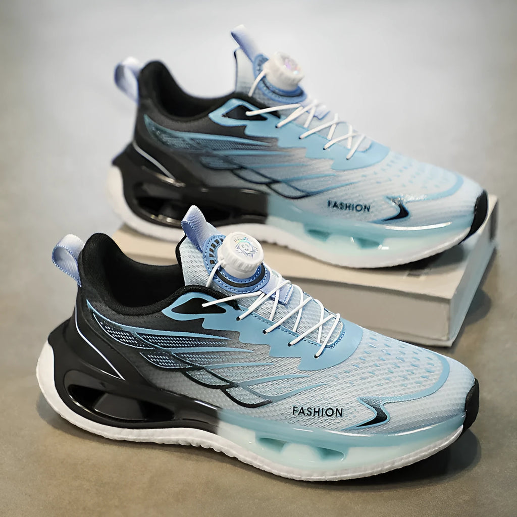 Youth shock absorption rotating button sneaker in light blue mesh version with low-top casual design