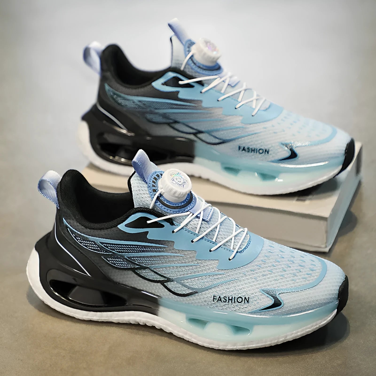 Youth shock absorption rotating button sneaker in light blue mesh version with low-top casual design