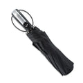 Black triple folding automatic umbrella with steel ribs and a rubber handle, shown open.