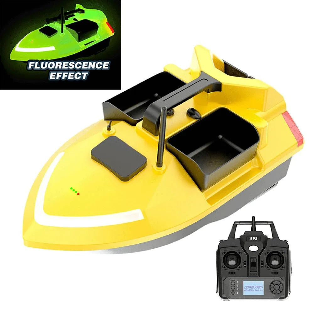 V020 black remote control fishing boat with GPS antenna on a calm lake.