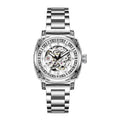 Men's mechanical watch with luminous hands and a black leather strap showing analogue dial.
