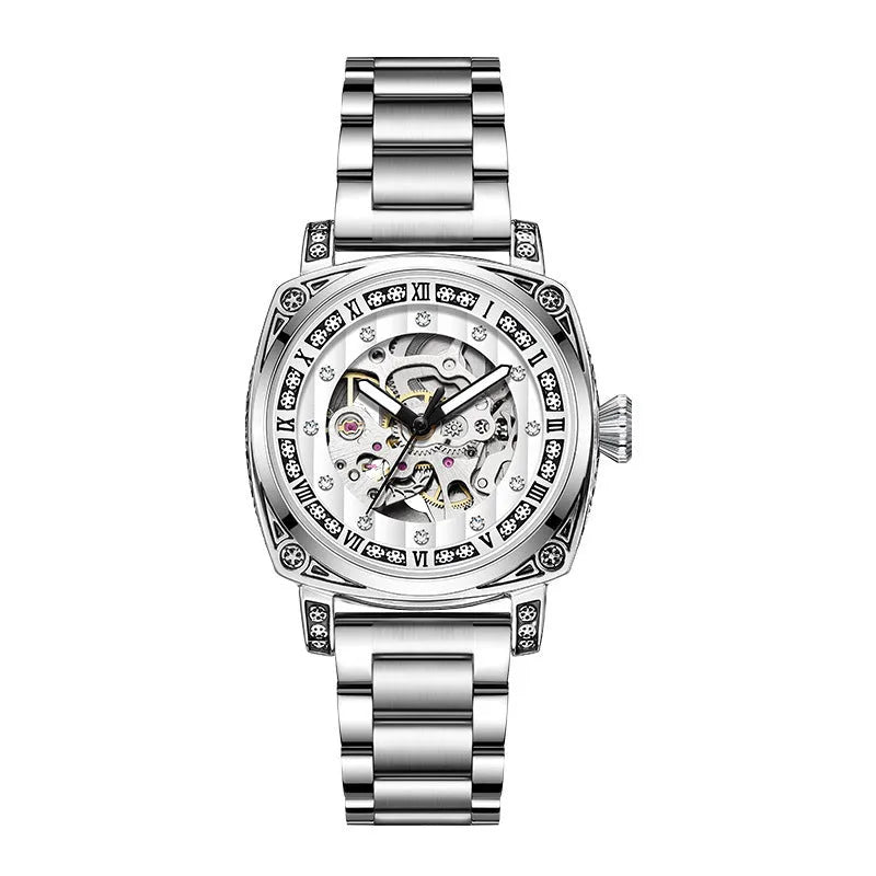 Men's mechanical watch with luminous hands and a black leather strap showing analogue dial.