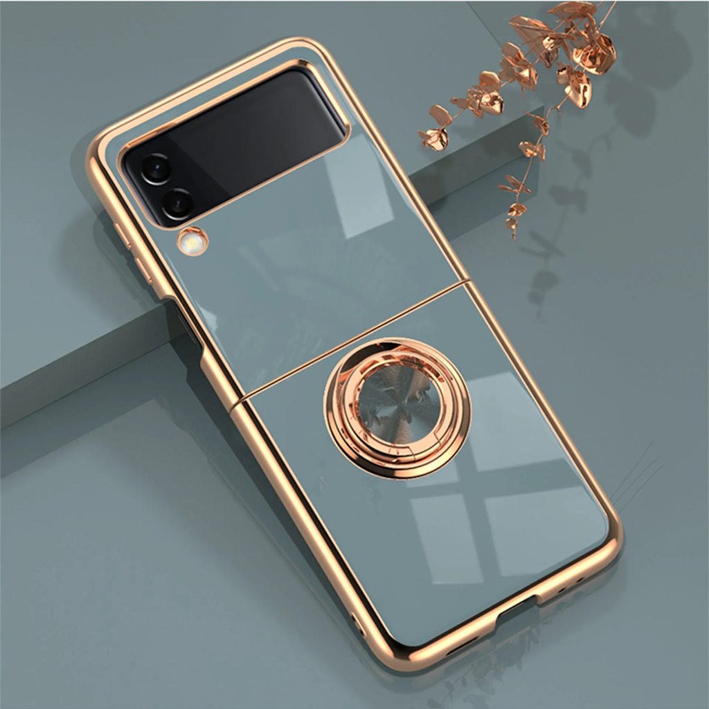 Samsung Z Flip phone case with electroplated magnetic ring and bracket in dark night green