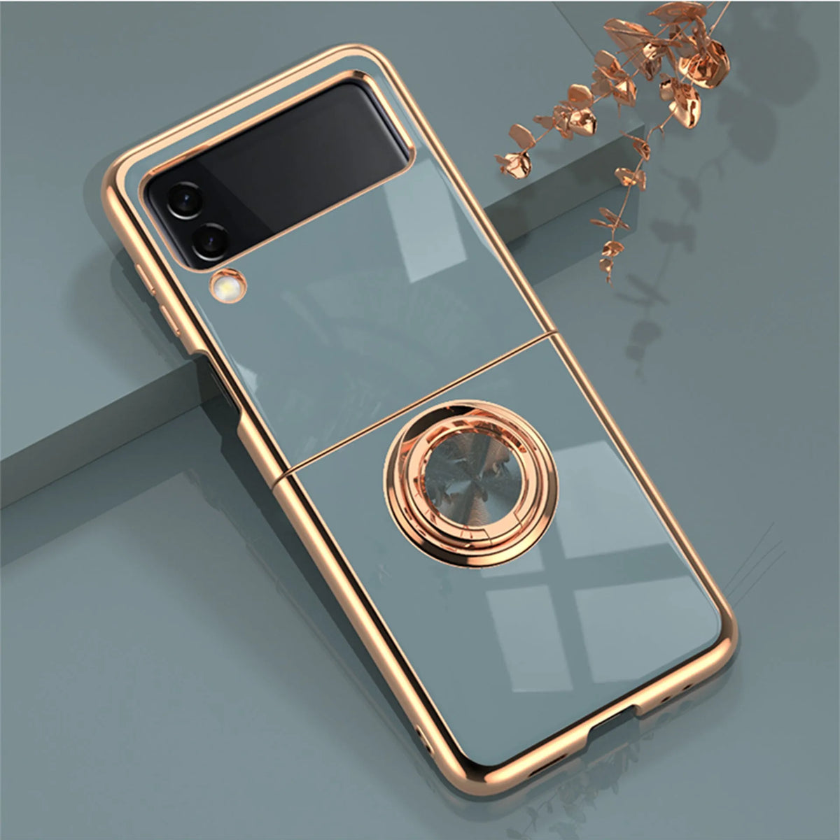 Samsung Z Flip phone case with electroplated magnetic ring and bracket in dark night green