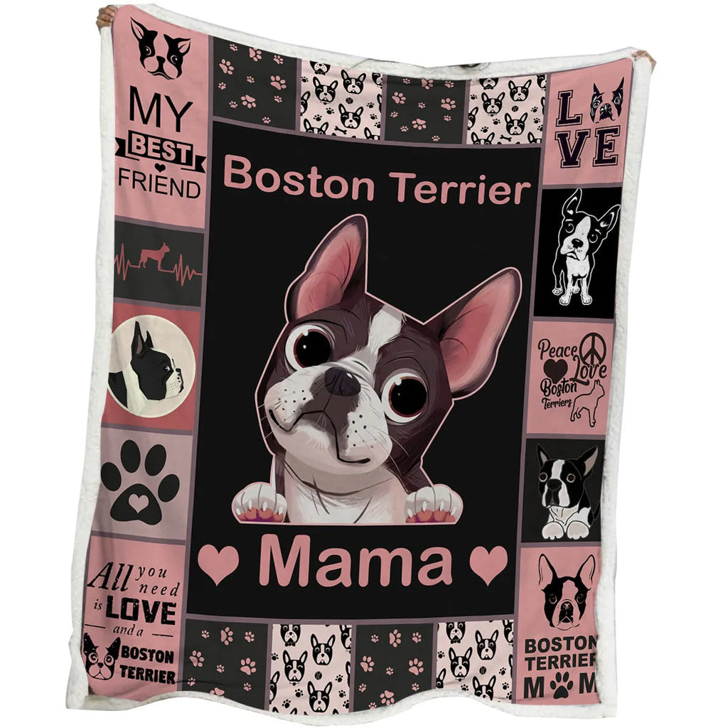 Pink Sherpa fleece dog themed throw blanket on sofa with hemmed edges