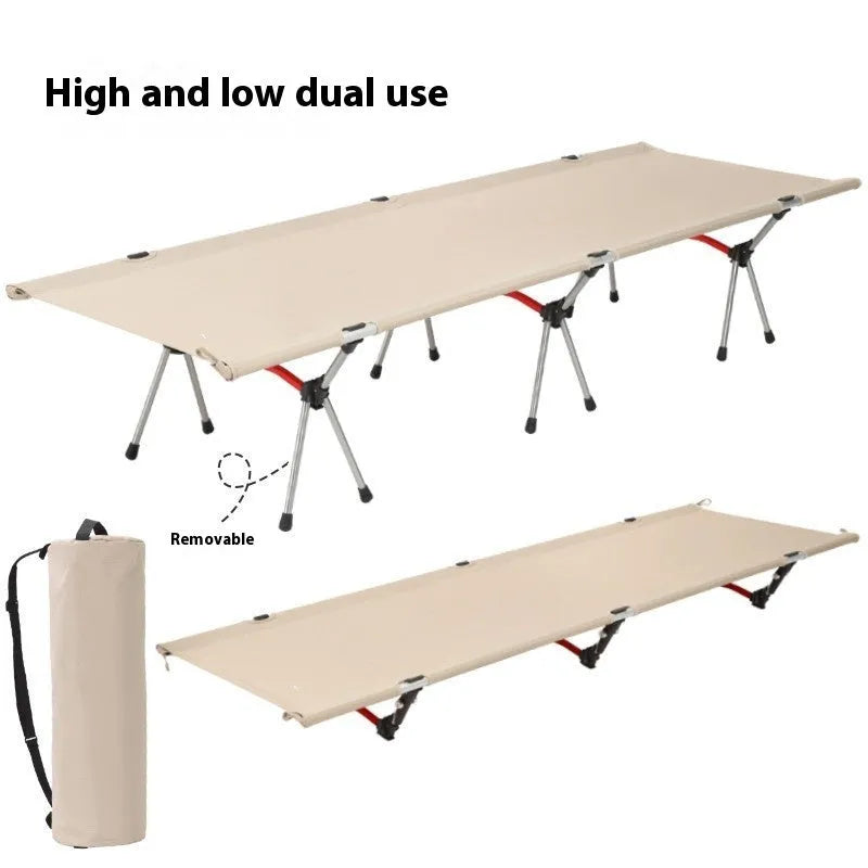 Outdoor folding bed with aluminium frame shown in khaki colour, folded with storage bag